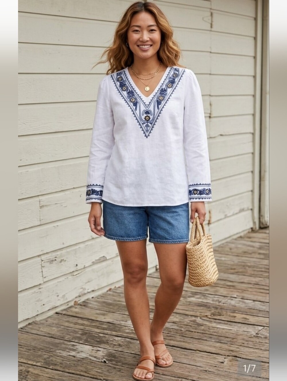 Carole Little white embroidered boho linen tunic M